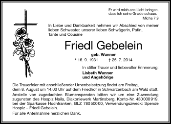 Traueranzeige von Friedl Gebelein von Frankenpost