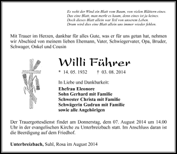 Traueranzeige von Willi Führer von Südthüringer Presse