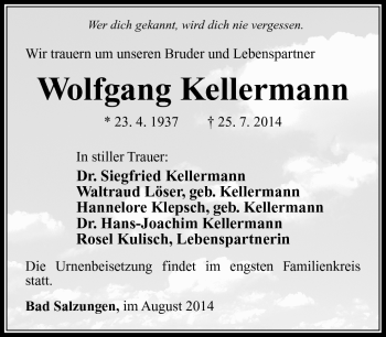 Traueranzeige von Wolfgang Kellermann von Südthüringer Presse
