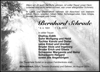 Traueranzeige von Bernhard Schrade von Südthüringer Presse