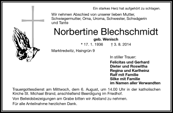 Traueranzeige von Norbertine Blechschmidt von Frankenpost