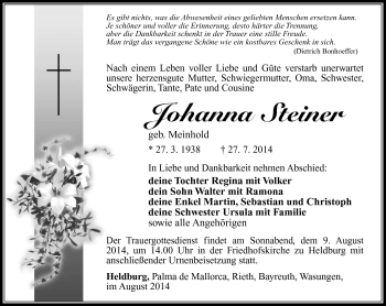 Traueranzeige von Johanna Steiner von Südthüringer Presse