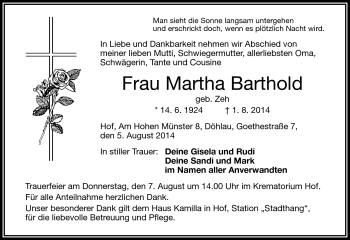 Traueranzeige von Martha Barthold von Frankenpost