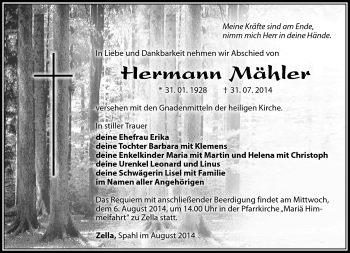 Traueranzeige von Hermann Mähler von Südthüringer Presse