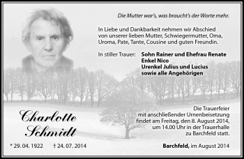 Traueranzeige von Charlotte Schmidt von Südthüringer Presse