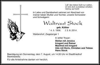 Traueranzeige von Waltraut Stock von Frankenpost