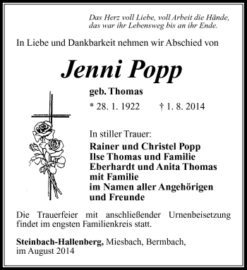 Traueranzeige von Jenni Popp von Südthüringer Presse
