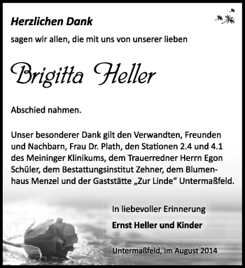 Traueranzeige von Brigitta Heller von Südthüringer Presse