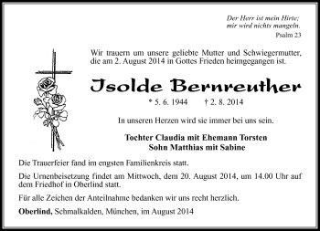 Traueranzeige von Isolde Bernreuther von Südthüringer Presse