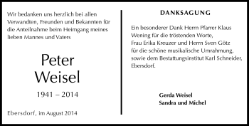 Traueranzeige von Peter Weisel von Neue Presse Coburg