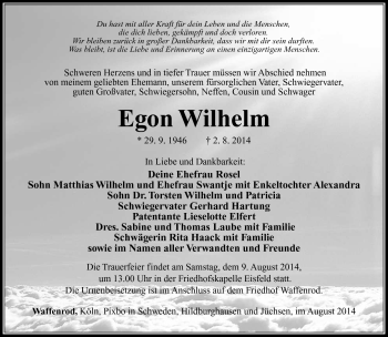 Traueranzeige von Egon Wilhelm von Südthüringer Presse