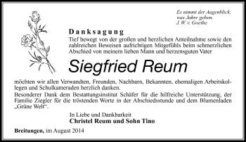 Traueranzeige von Siegfried reum von Südthüringer Presse