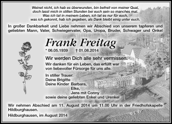 Traueranzeige von Frank Freitag von Südthüringer Presse