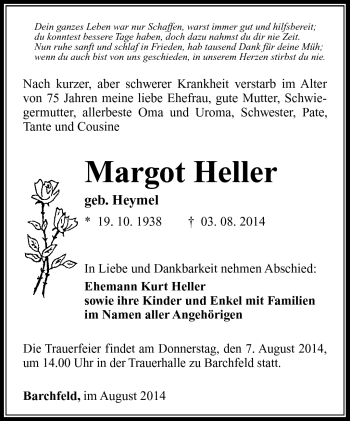 Traueranzeige von Margot Heller von Südthüringer Presse