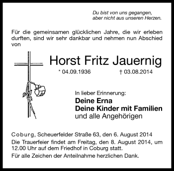 Traueranzeige von Horst Fritz Jauernig von Neue Presse Coburg