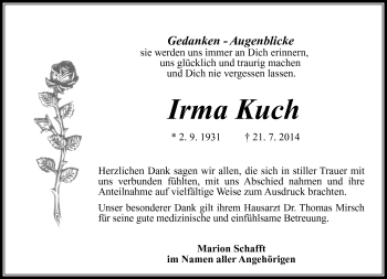 Traueranzeige von Irma Kuch von Südthüringer Presse