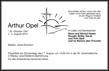 Traueranzeige von Arthur Opel von Frankenpost