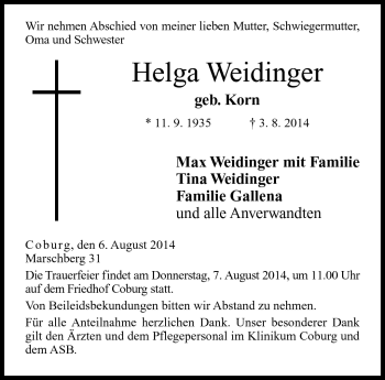 Traueranzeige von Helga Weidinger von Neue Presse Coburg