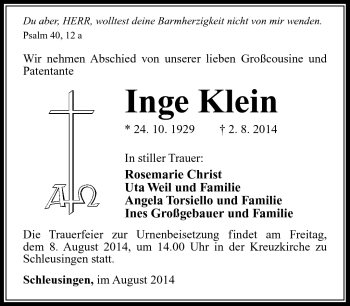 Traueranzeige von Inge Klein von Südthüringer Presse