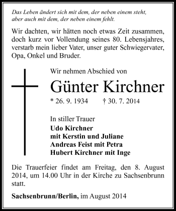 Traueranzeige von Günter Kirchner von Südthüringer Presse
