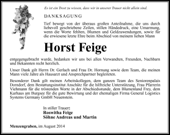 Traueranzeige von Horst Feige von Südthüringer Presse
