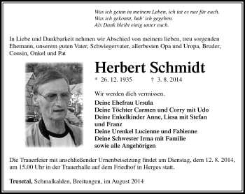 Traueranzeige von Herbert Schmidt von Südthüringer Presse