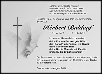 Traueranzeige von Herbert Baldauf von Südthüringer Presse