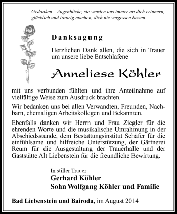 Traueranzeige von Anneliese Köhler von Südthüringer Presse