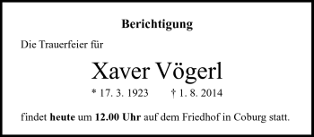 Traueranzeige von Xaver Vögerl von Neue Presse Coburg