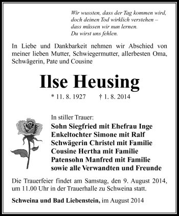 Traueranzeige von Ilse Heusing von Südthüringer Presse