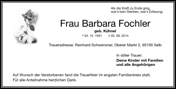 Traueranzeige von Barbara Fochler von Frankenpost
