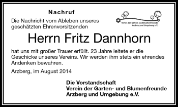 Traueranzeige von Fritz Dannhorn von Frankenpost