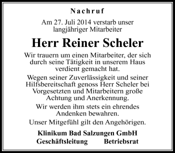 Traueranzeige von Reiner Scheler von Südthüringer Presse