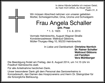 Traueranzeige von Angela Schaller von Frankenpost