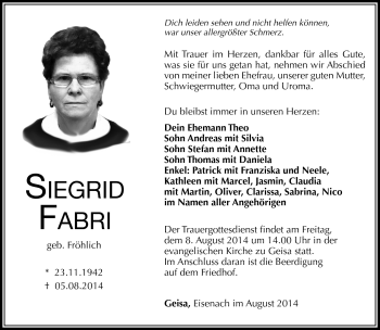 Traueranzeige von Siegrid Fabri von Südthüringer Presse