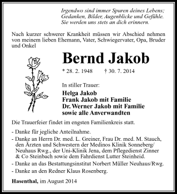 Traueranzeige von Bernd Jakob von Südthüringer Presse