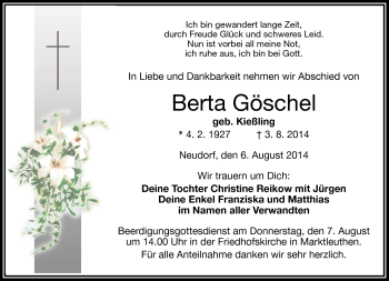 Traueranzeige von Berta Göschel von Frankenpost