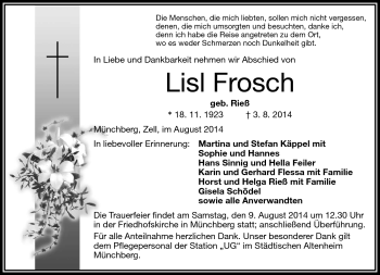 Traueranzeige von Lisl Frosch von Frankenpost