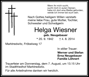 Traueranzeige von Helga Wiesner von Frankenpost