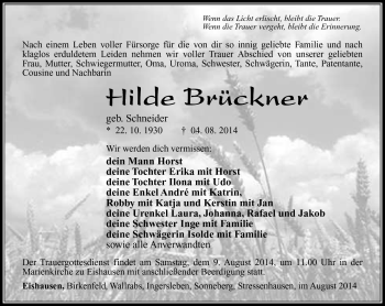 Traueranzeige von Hilde Brückner von Südthüringer Presse