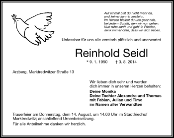 Traueranzeige von Reinhold Seidl von Frankenpost
