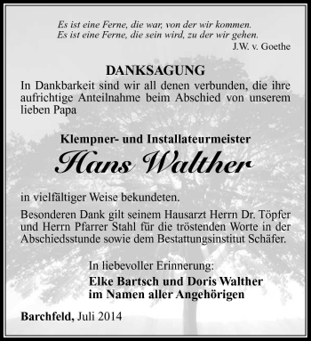 Traueranzeige von Hans Walther von Südthüringer Presse