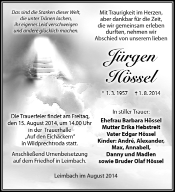 Traueranzeige von Jürgen Hössel von Südthüringer Presse