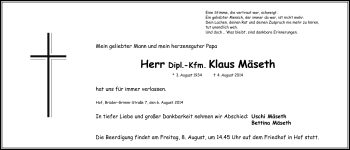 Traueranzeige von Klaus Mäseth von Frankenpost