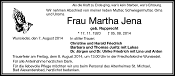 Traueranzeige von Martha Jena von Frankenpost