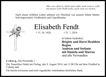 Traueranzeige von Elisabeth Fendt von Neue Presse Coburg