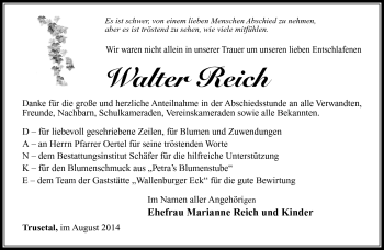 Traueranzeige von Walter Reich von Südthüringer Presse