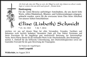 Traueranzeige von Elise Schmidt von Südthüringer Presse