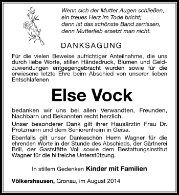 Traueranzeige von Else Vock von Südthüringer Presse