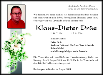 Traueranzeige von Klaus-Dieter Drüe von Südthüringer Presse